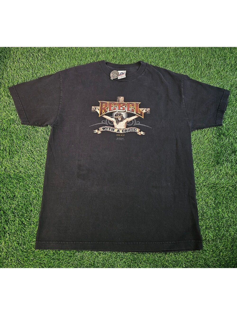 Vintage Grail Jesus Tee Rebel With A Cause Graphic T-Shirt Size Large Black